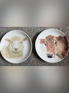 222 Fifth Farm Animal Ceramic Dinner Plates - Sheep and Cow - White and Brown